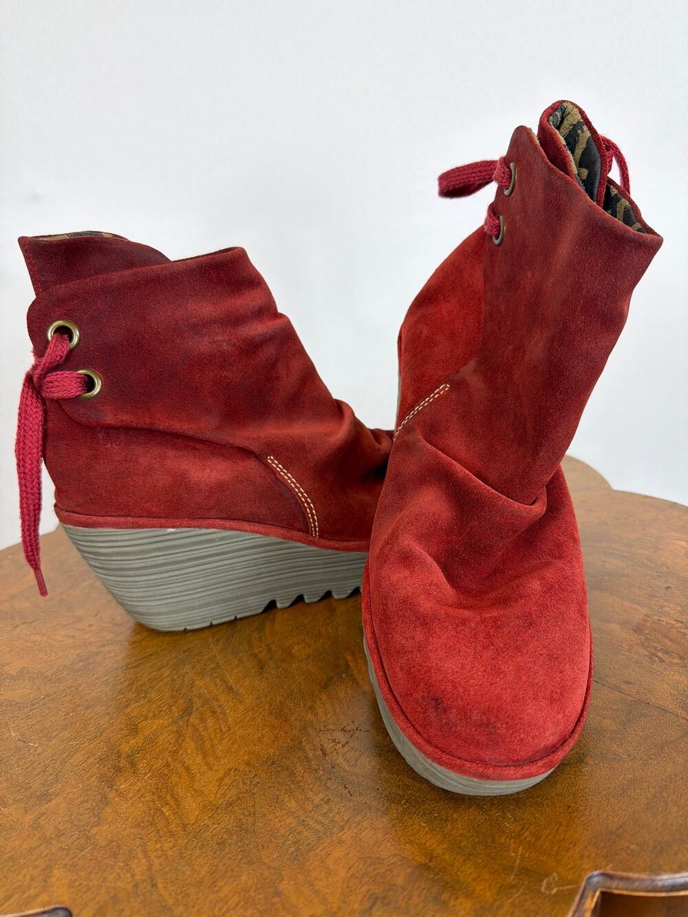 Fly London Red Suede Wedge Booties 3" Rubber Heel Size EU 41